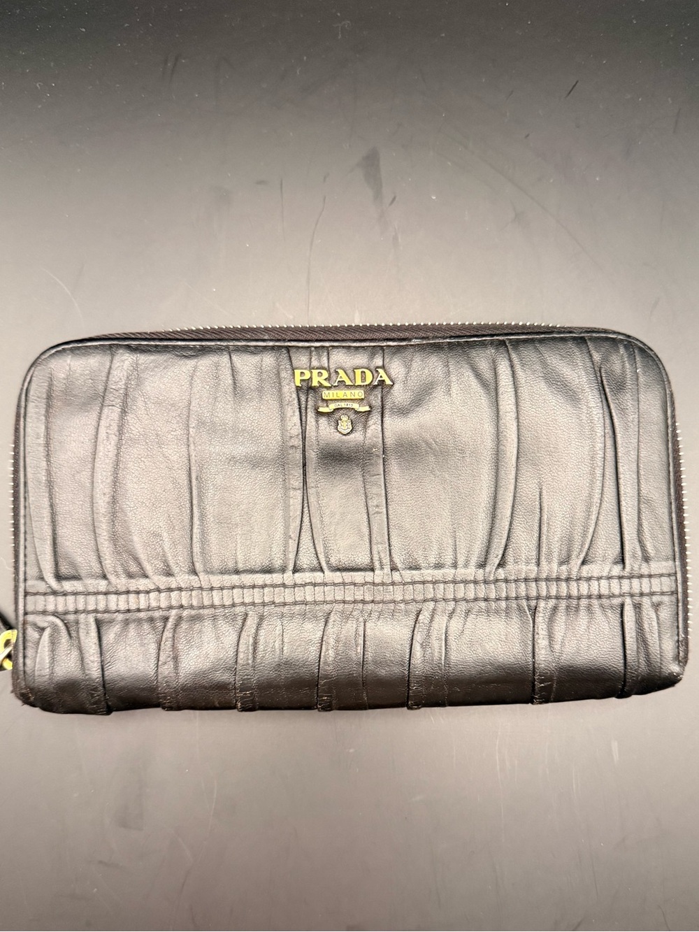 Prada Black Gathered Leather Zip Wallet with Gold Logo